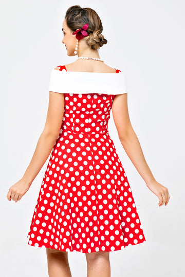 Fora do ombro vestido branco vermelho pontos